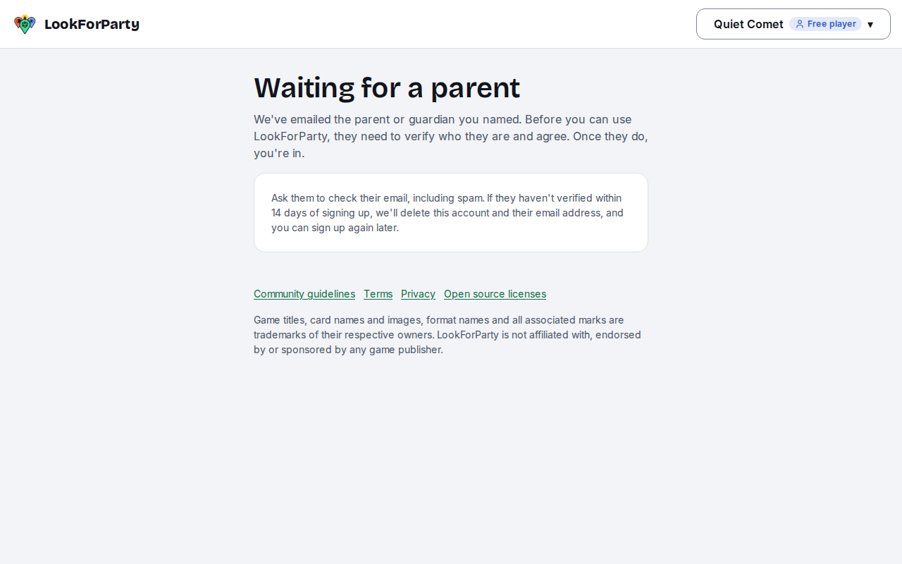 The Waiting for a parent page your teen sees