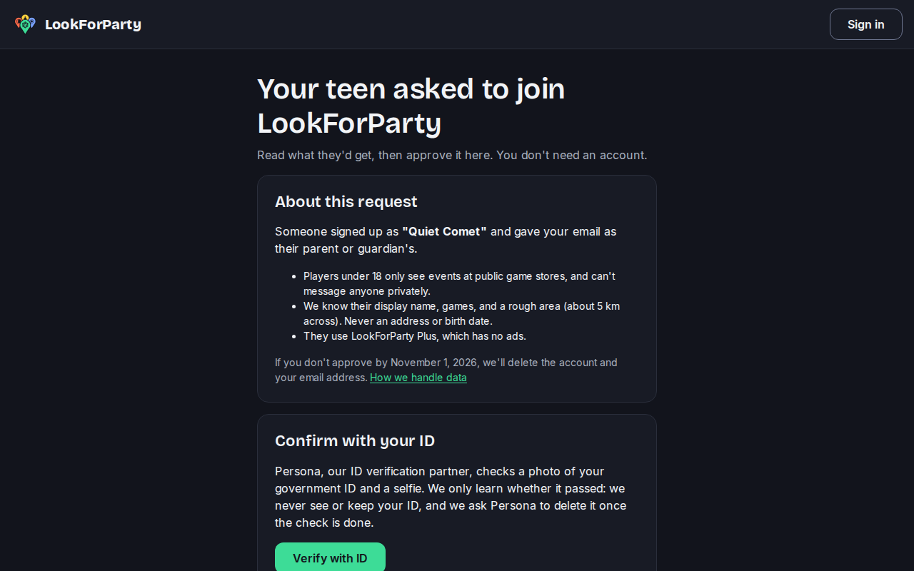 The parent page, Your teen asked to join LookForParty, with what the account includes