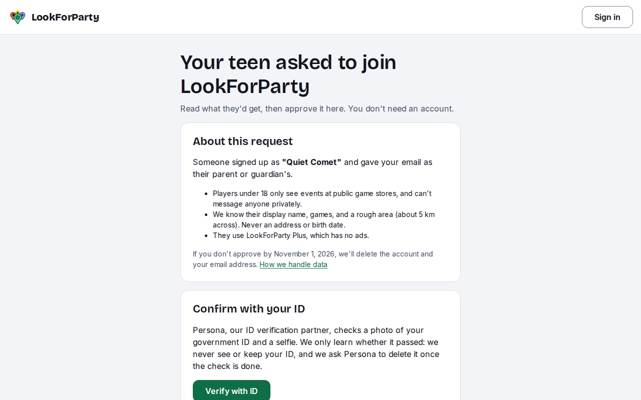 The parent page, Your teen asked to join LookForParty, with what the account includes