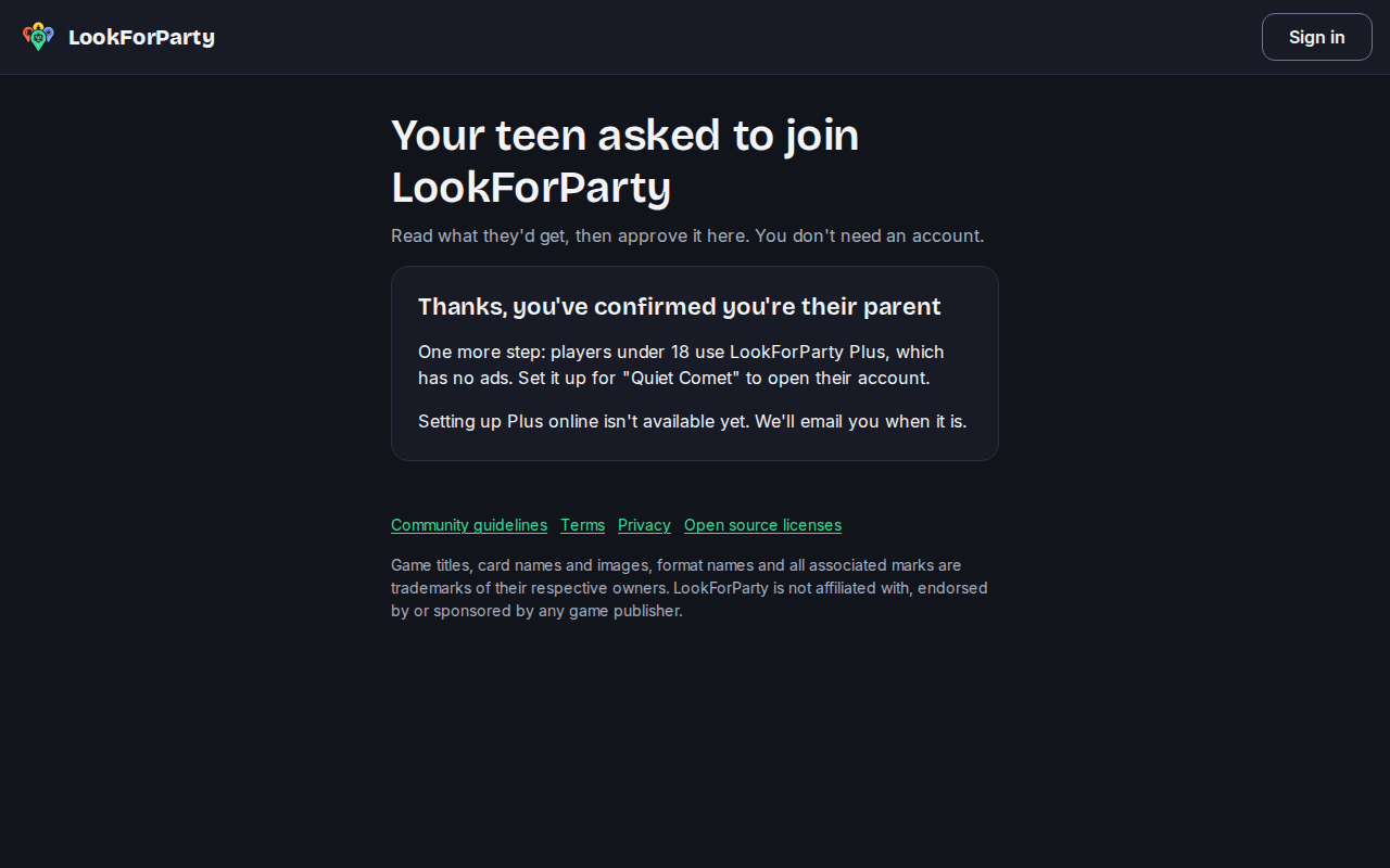 The parent page saying Thanks, you've confirmed you're their parent