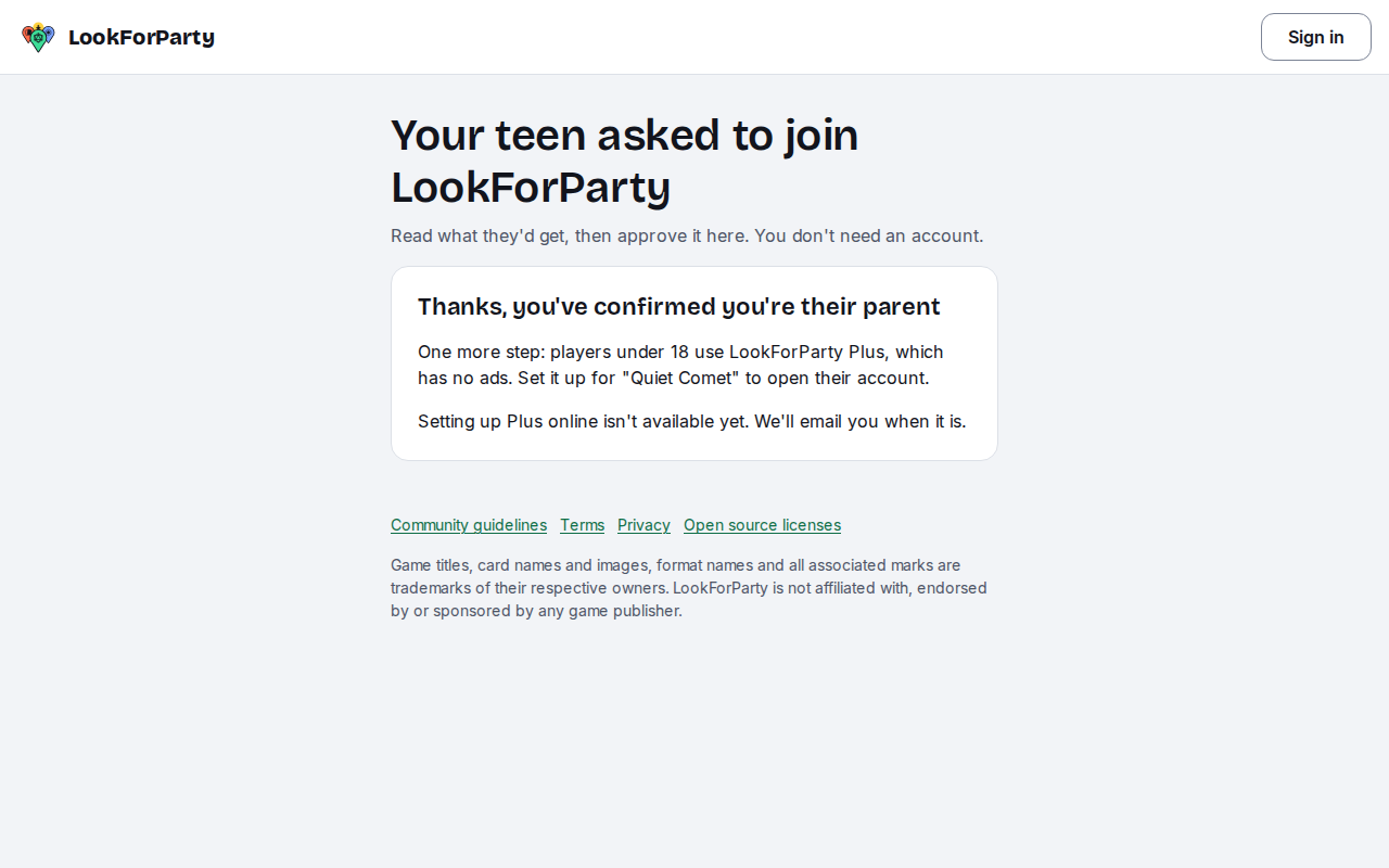 The parent page saying Thanks, you've confirmed you're their parent