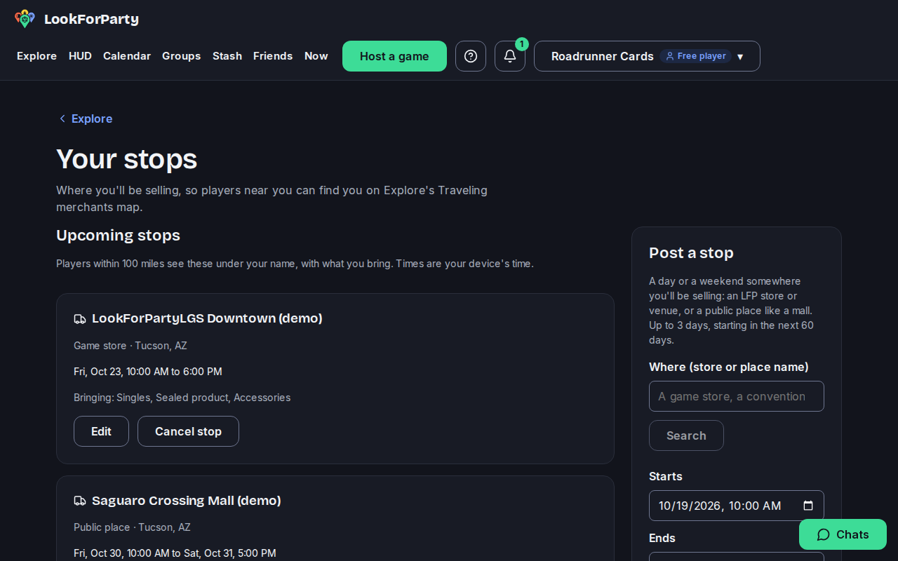 The Your stops page with two upcoming stops and the Post a stop form