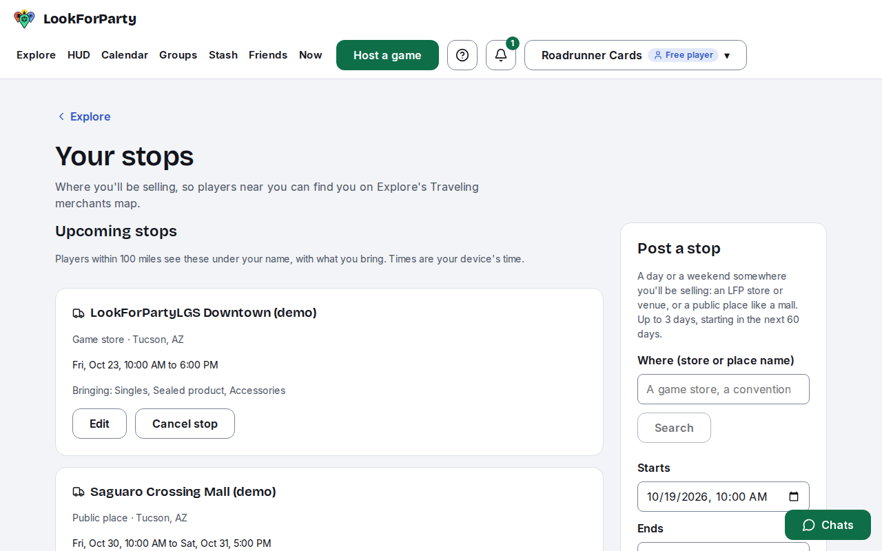 The Your stops page with two upcoming stops and the Post a stop form