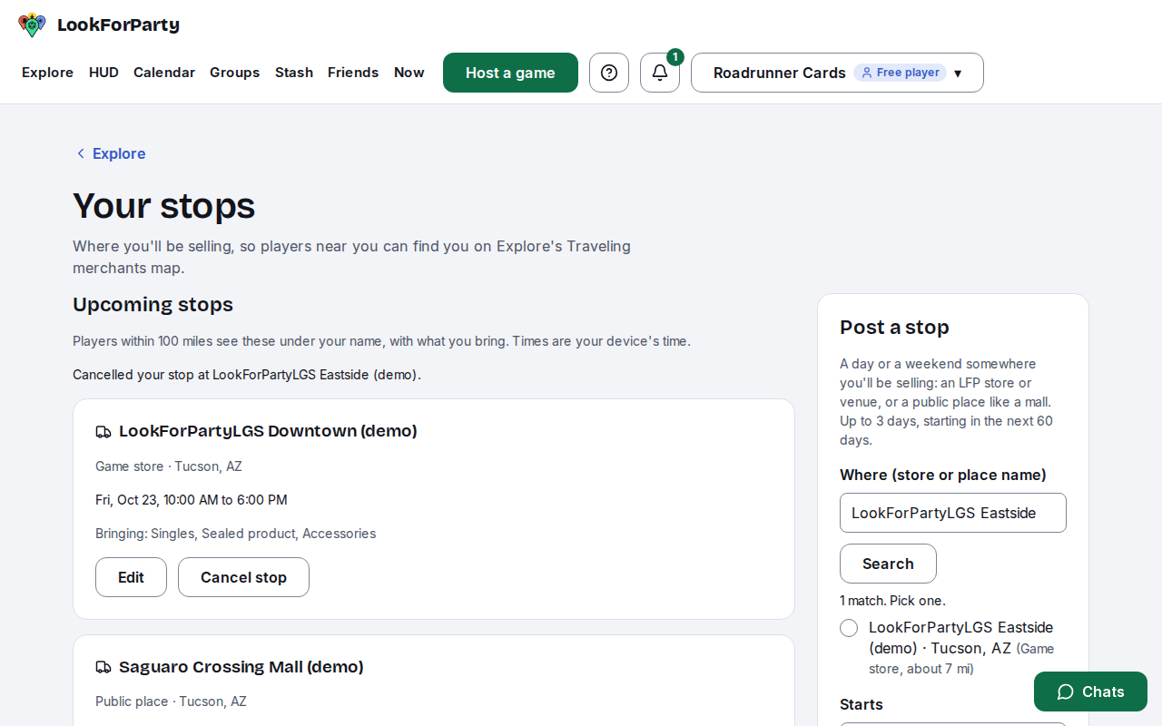 The Your stops page after cancelling, with the remaining two stops