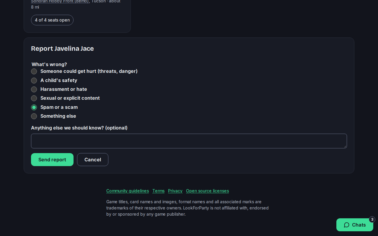 The report form with a reason picked