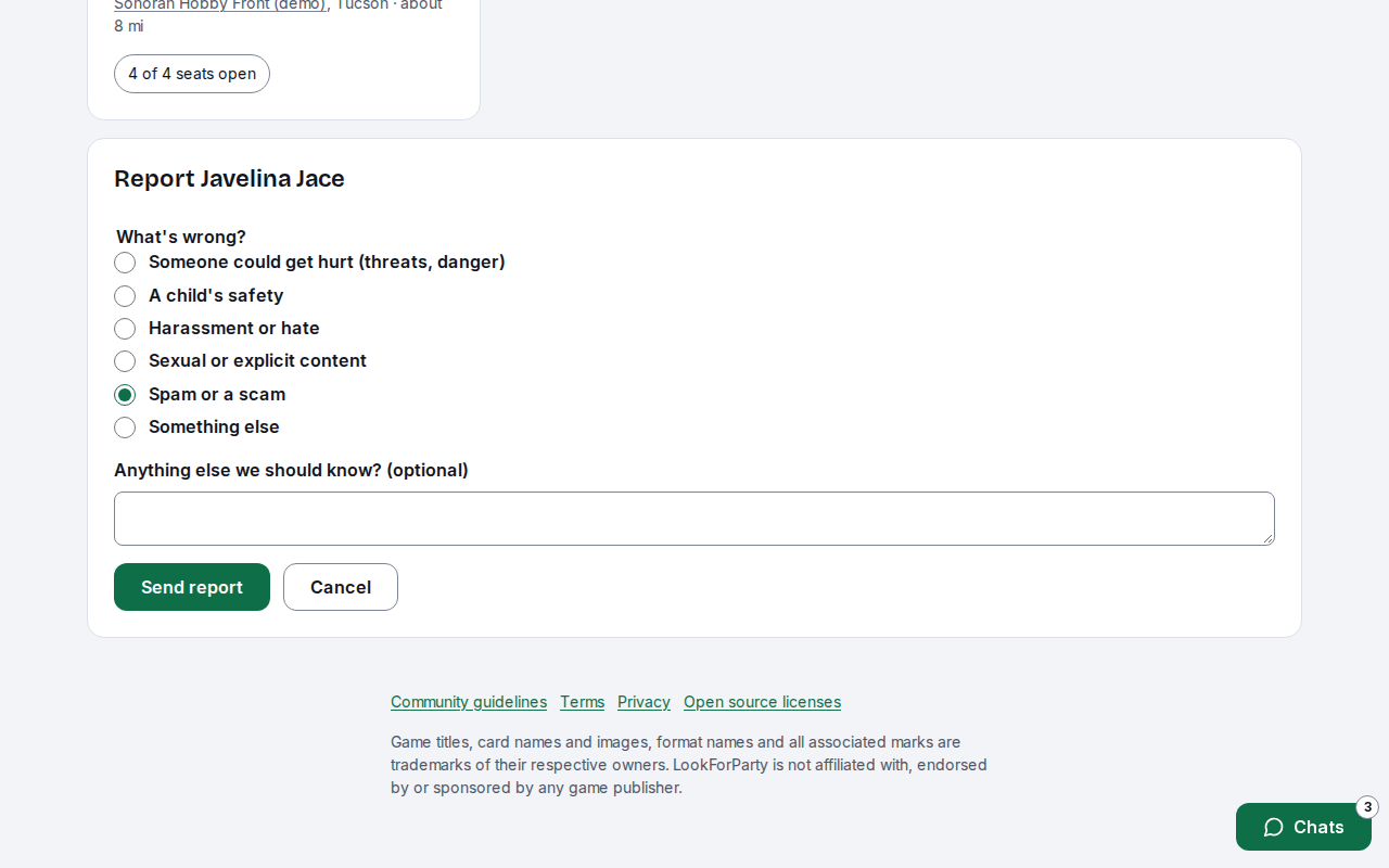 The report form with a reason picked