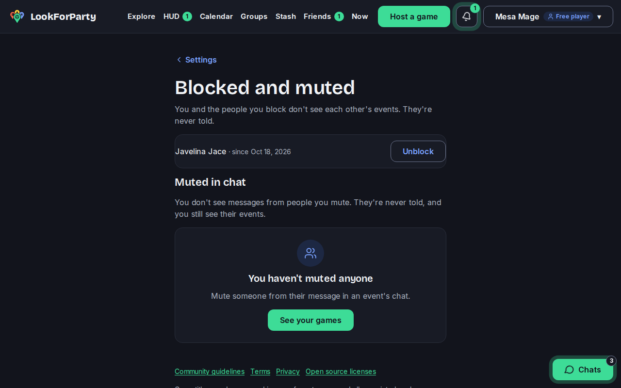 Blocked and muted in Settings, with the Unblock button
