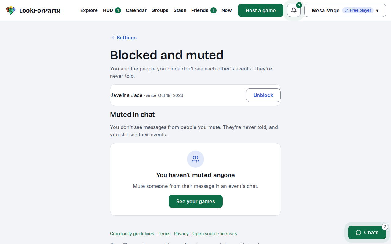 Blocked and muted in Settings, with the Unblock button