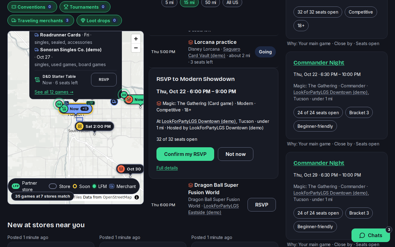 The RSVP card with the game's time, store, distance and open seats
