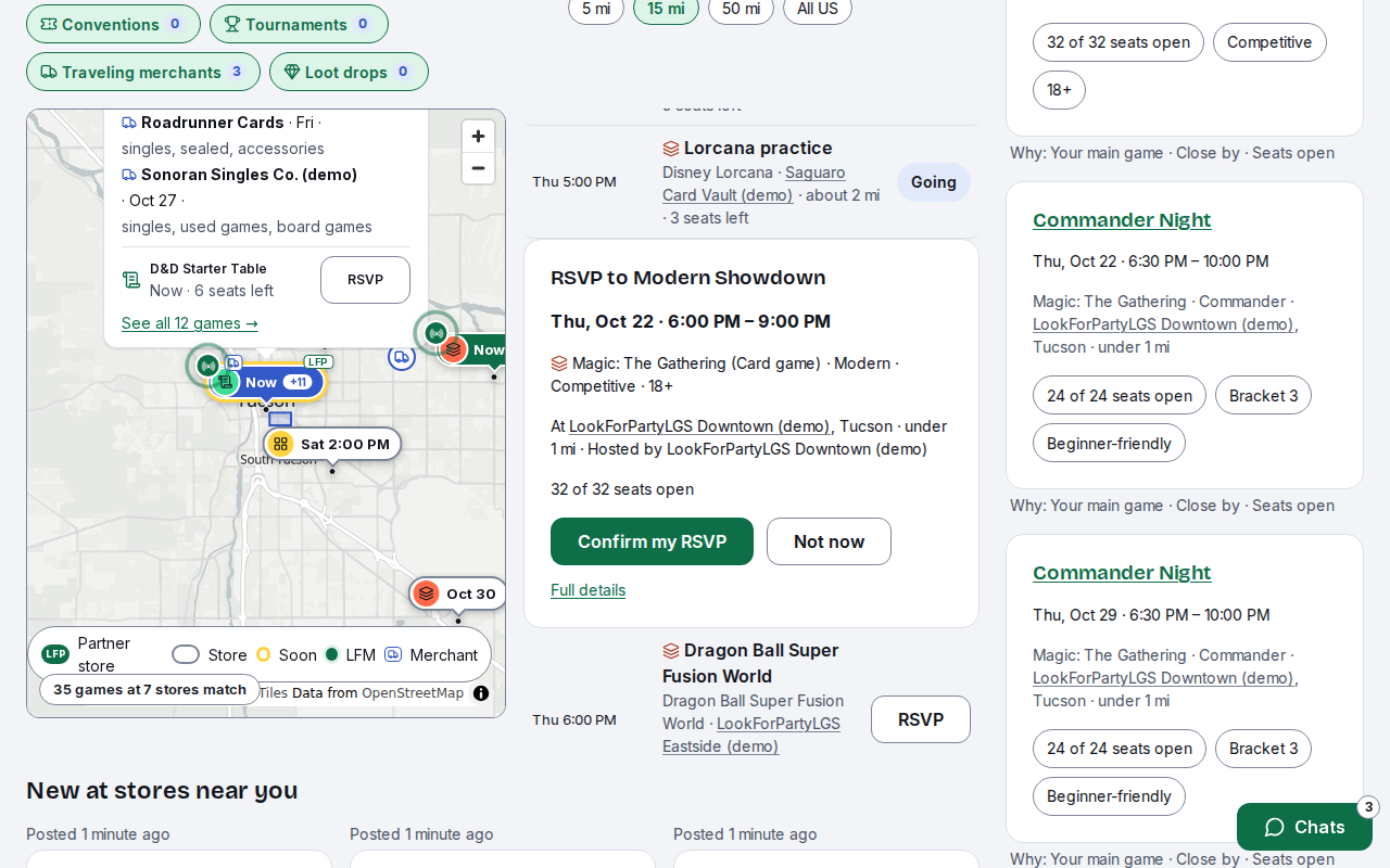 The RSVP card with the game's time, store, distance and open seats