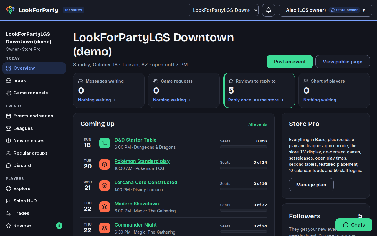 The store dashboard with Events and series highlighted in the side menu