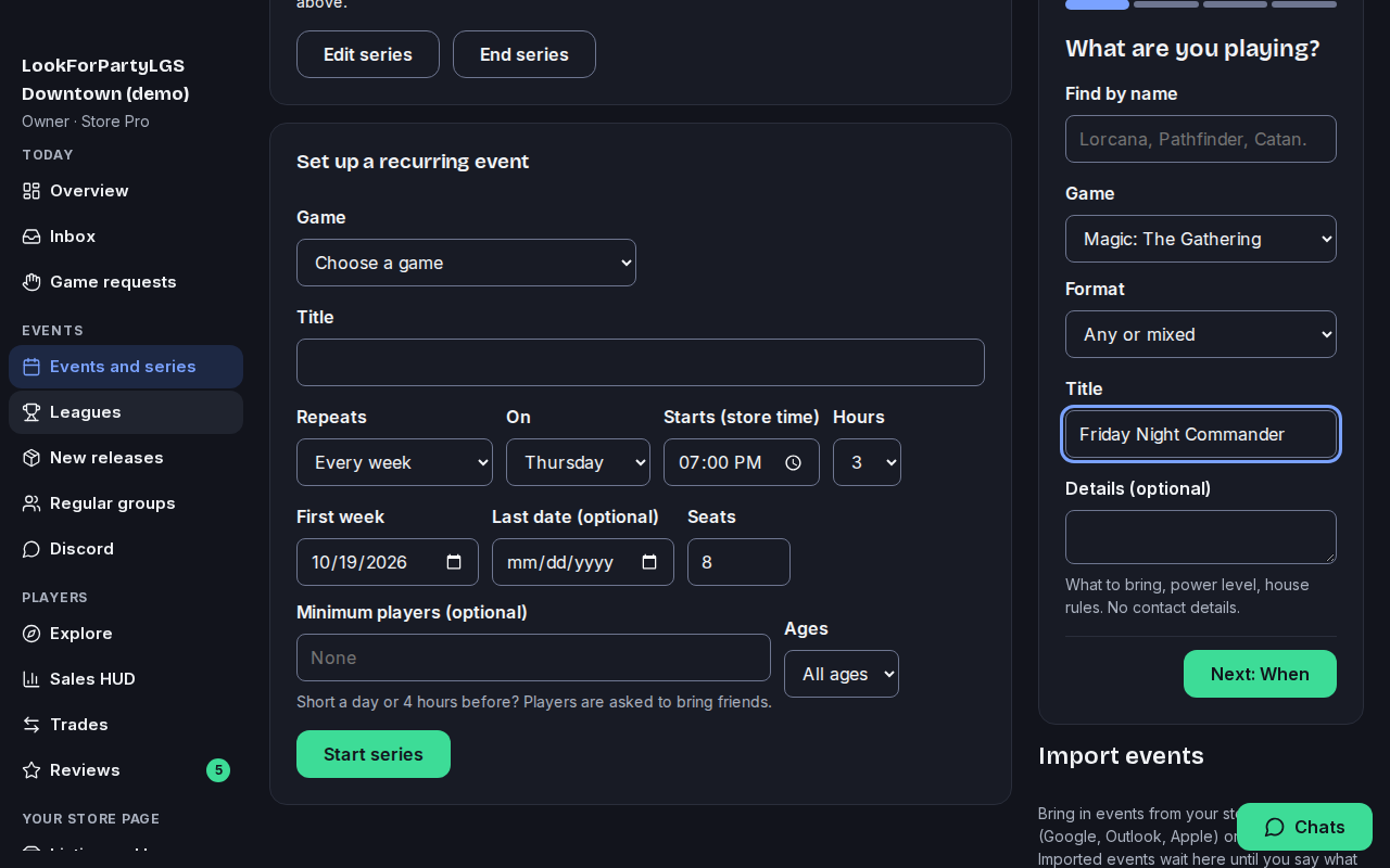 The Publish an event form with a game picked and a title typed