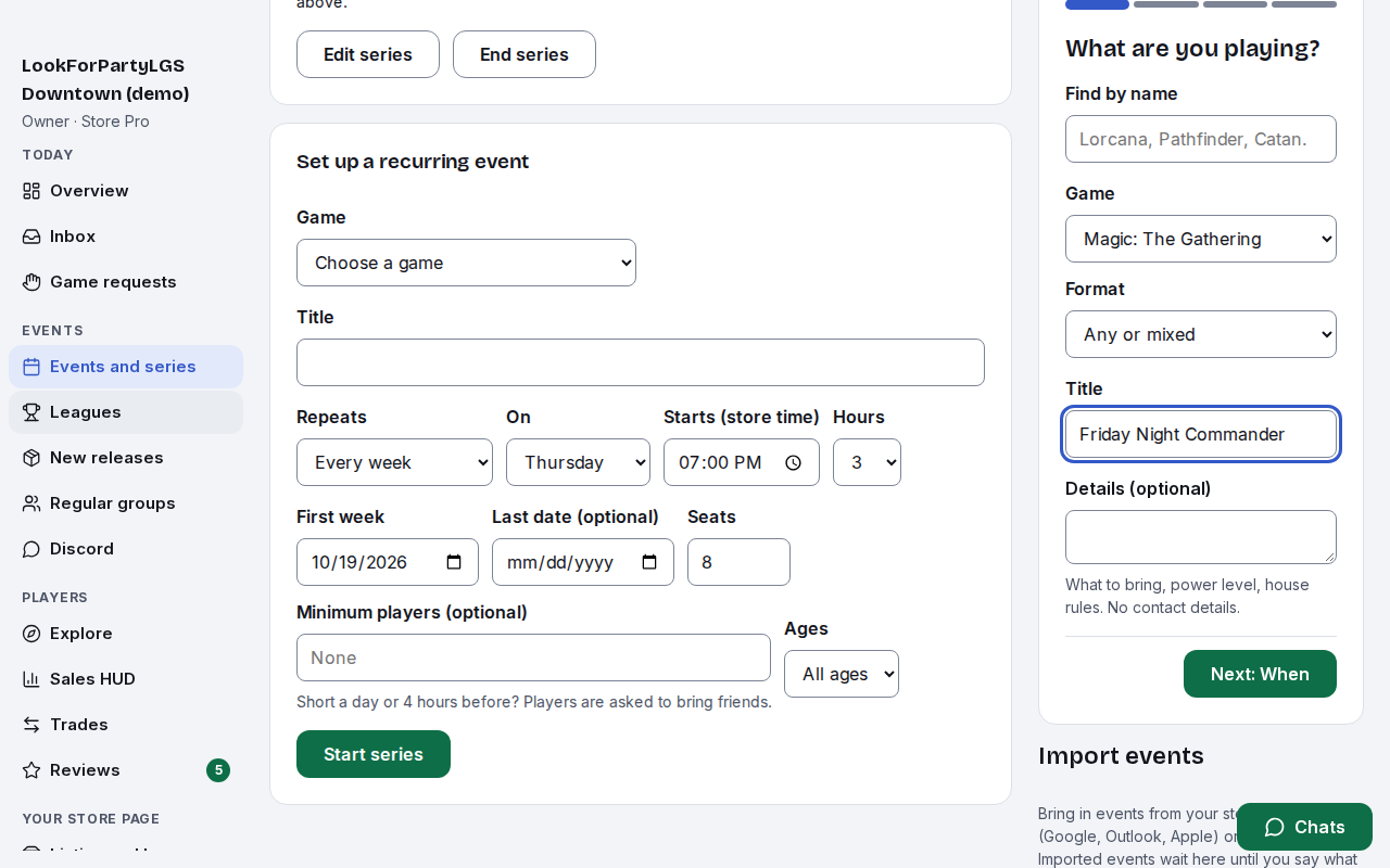 The Publish an event form with a game picked and a title typed