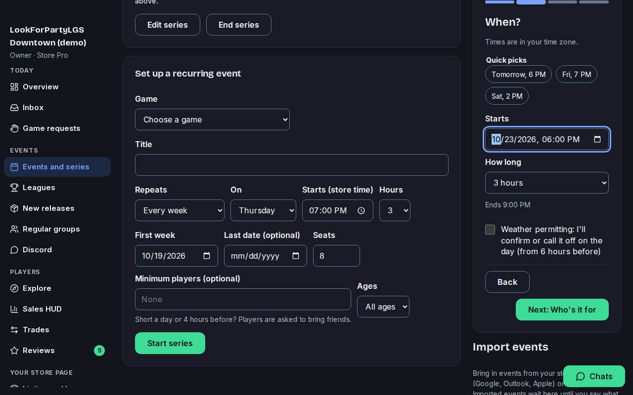 The When step of the form with a start time filled in