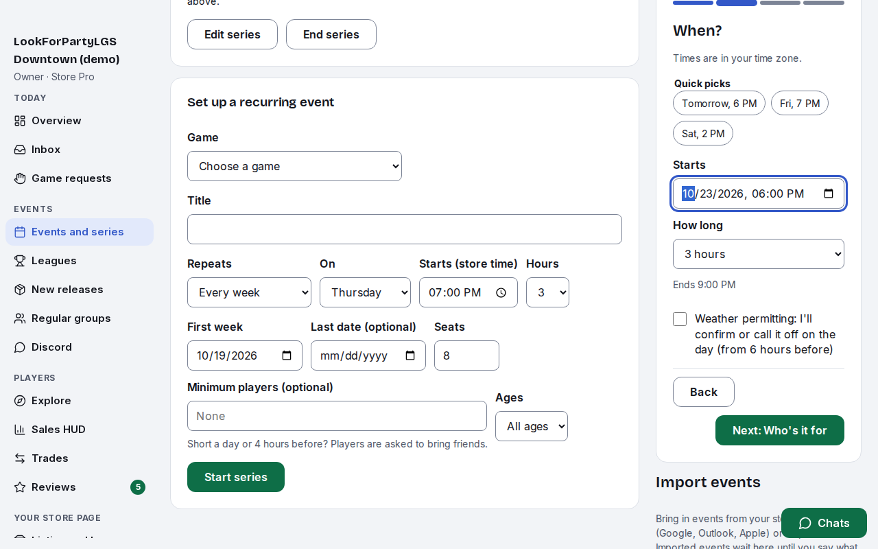 The When step of the form with a start time filled in