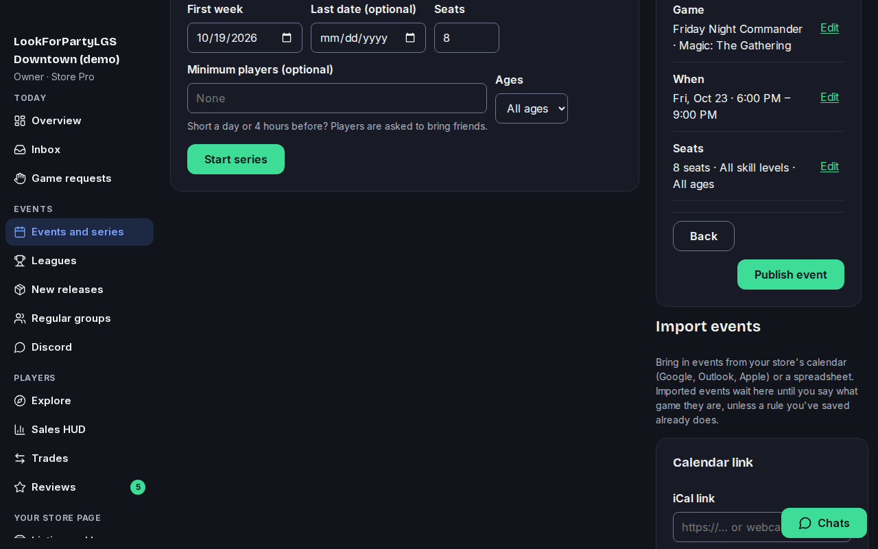 The review step with the Publish event button highlighted