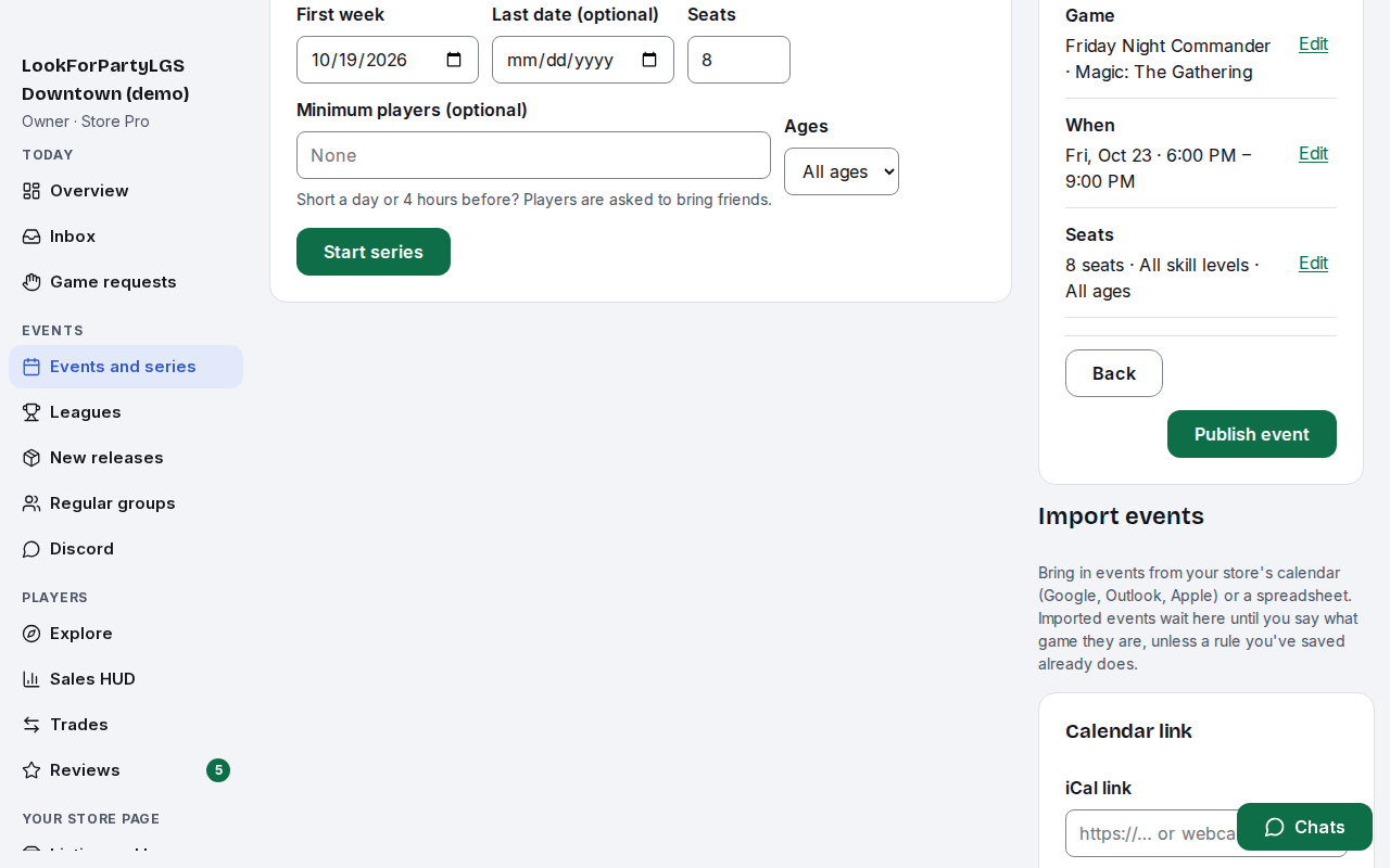 The review step with the Publish event button highlighted