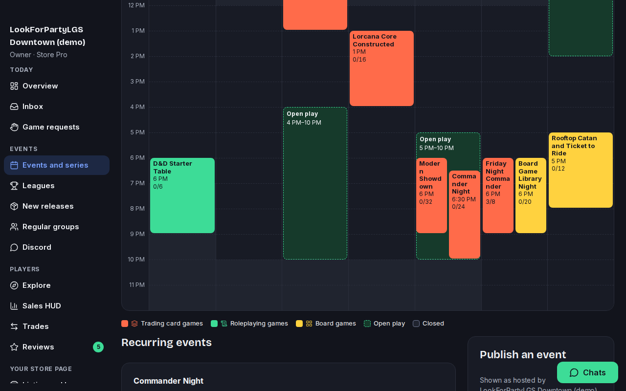 The week's calendar with the new event showing 3 of 8 seats taken