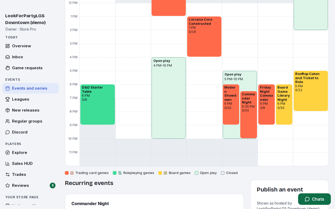 The week's calendar with the new event showing 3 of 8 seats taken